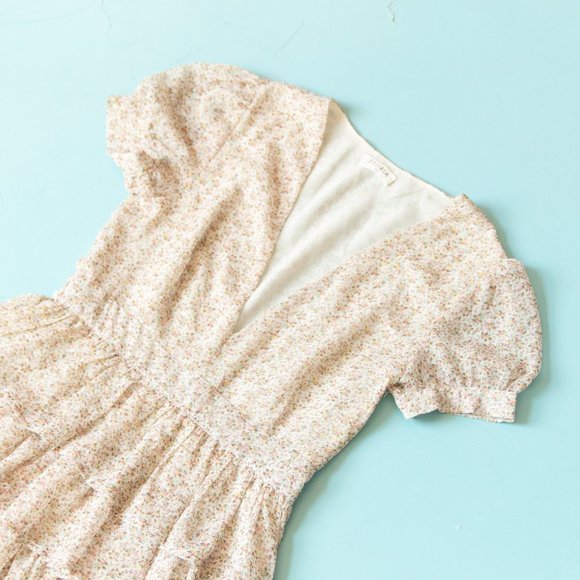 Storia Cream Micro Floral Puff Sleeve V-Neck Ruffle Skirt Mini Dress Size Small - Picture 3 of 9